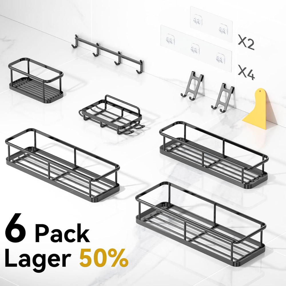 Rustproof Shower Caddy Adhesive Organizer, 6 Pack Large Capacity Shelves