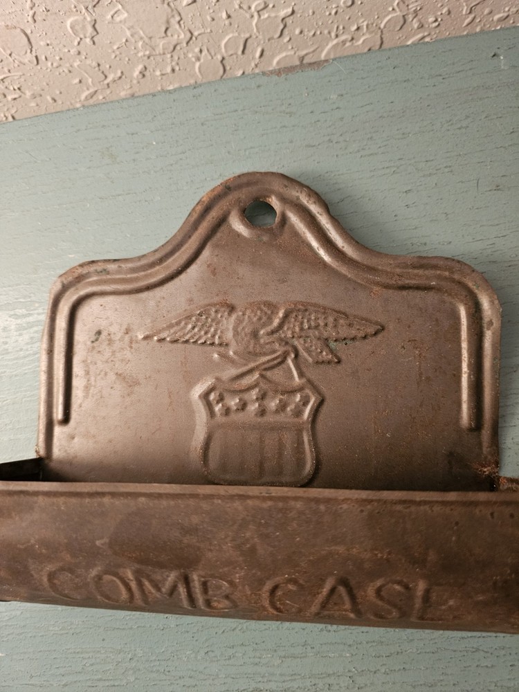 Antique Tin WallMounted Comb Case W/Embossed Eagle-Very Good