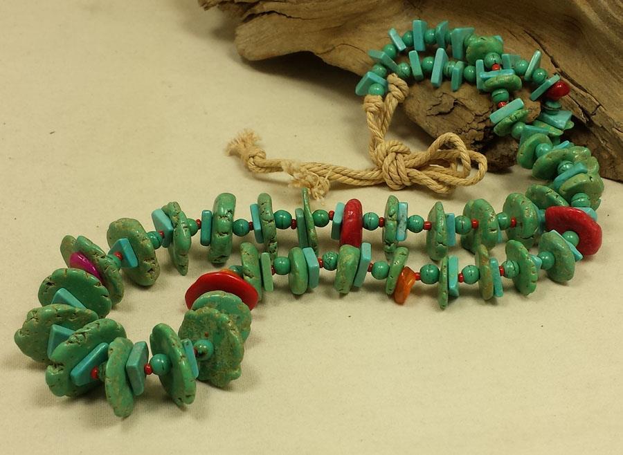 southwestern gradual block turquoise bead necklace//21"-30"(g262-w2.3)