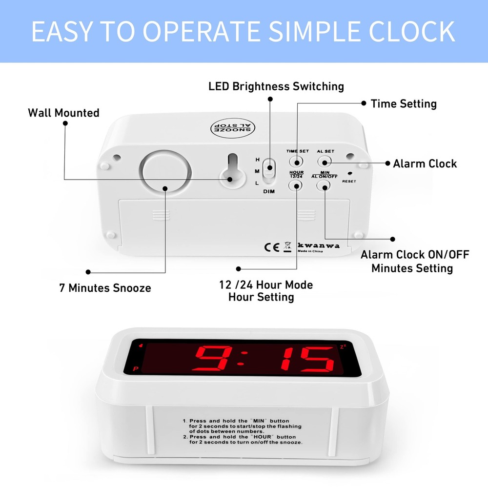 Alarm Clock, Digital Auto Night-Mode, Small, White Case-red Led
