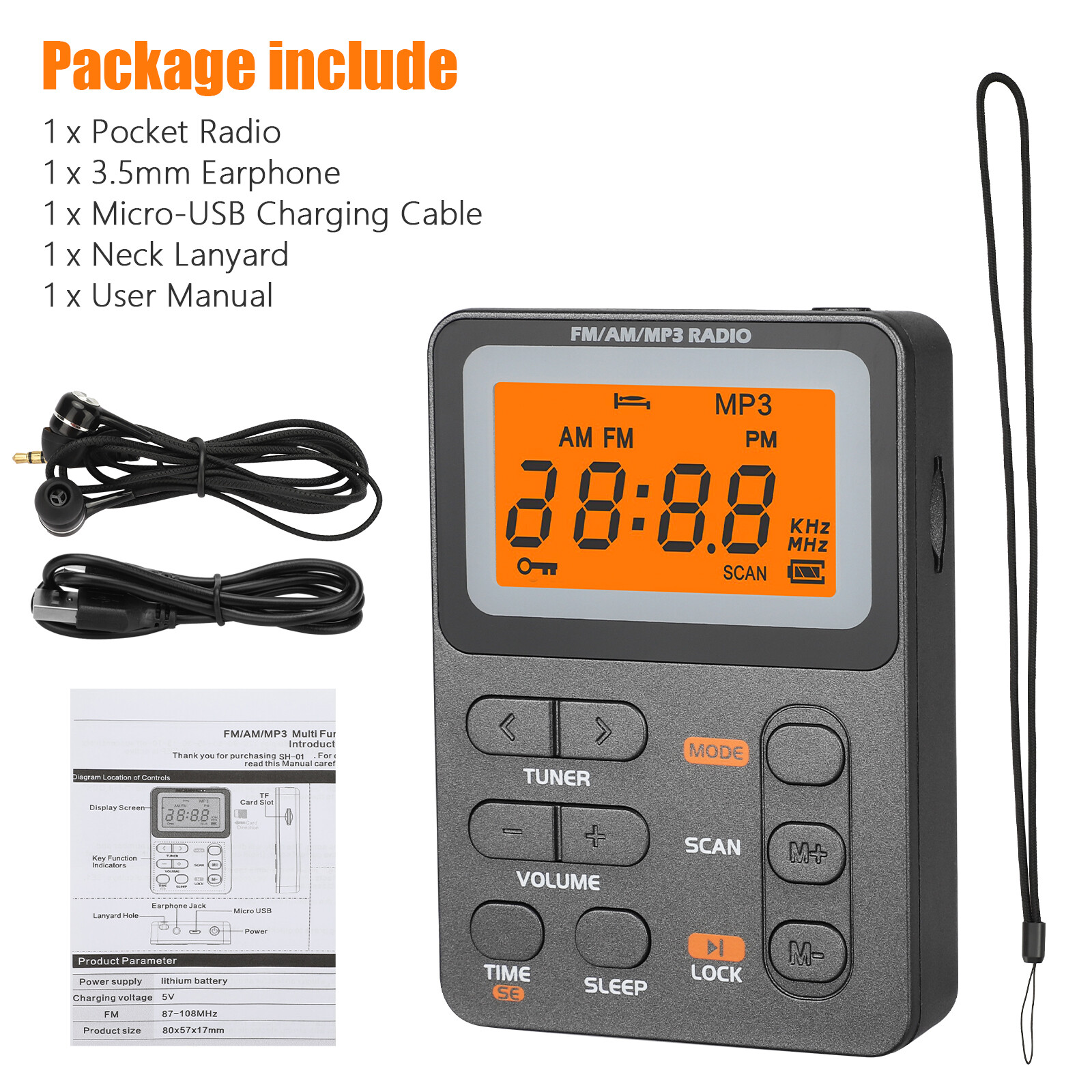 Portable Pocket Digital LCD AM FM Radio Stereo MP3 USB Rechargeable w/Earphones