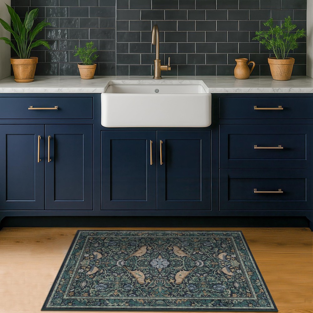 Hazo Haus Washable Floral Small 2x4 Thin Door 2' x 4' (Rectangular), Blue