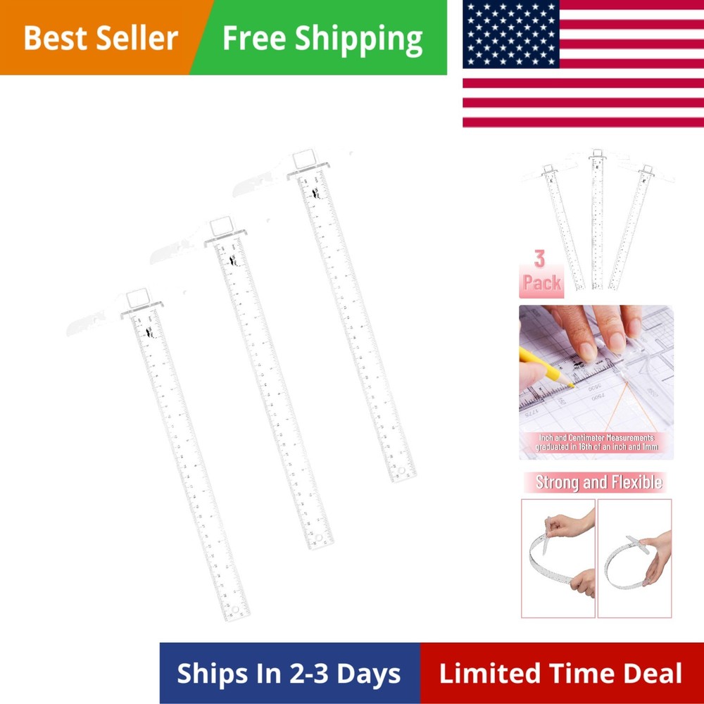 - 12 Inch Plastic T-Square, 3-Pack - Drafting & Crafting T-Square Ruler - Clear