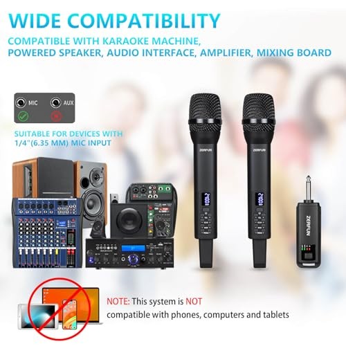 Dual Rechargeable Wireless Microphones, Pro Handheld Cordless 2 Mics, Black