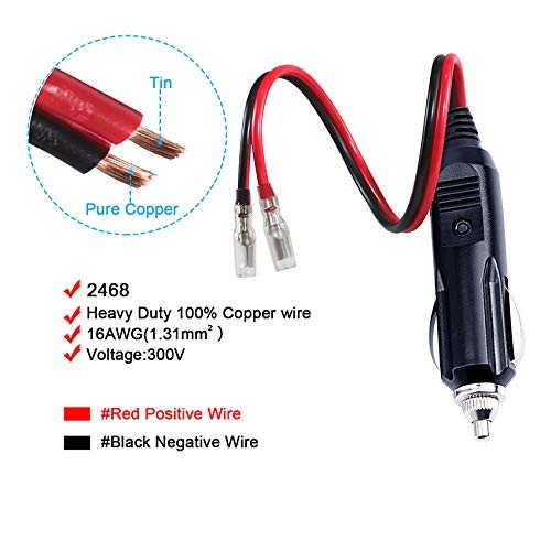 [1PACK] 12Volt Replacement Cigarette Lighter Male Plug with Leads - Car 1PACK