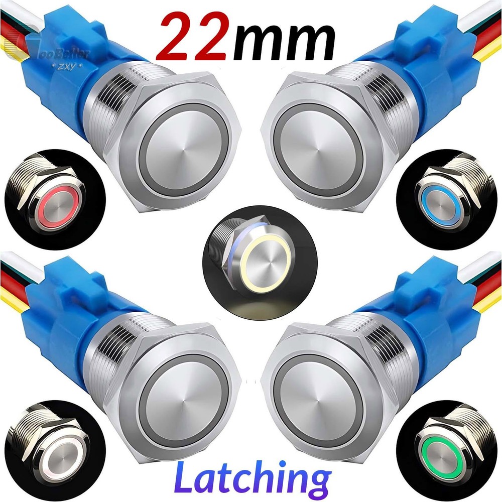 22mm LED ON OFF Waterproof Stainless Steel Latching Push Button Ring Switch