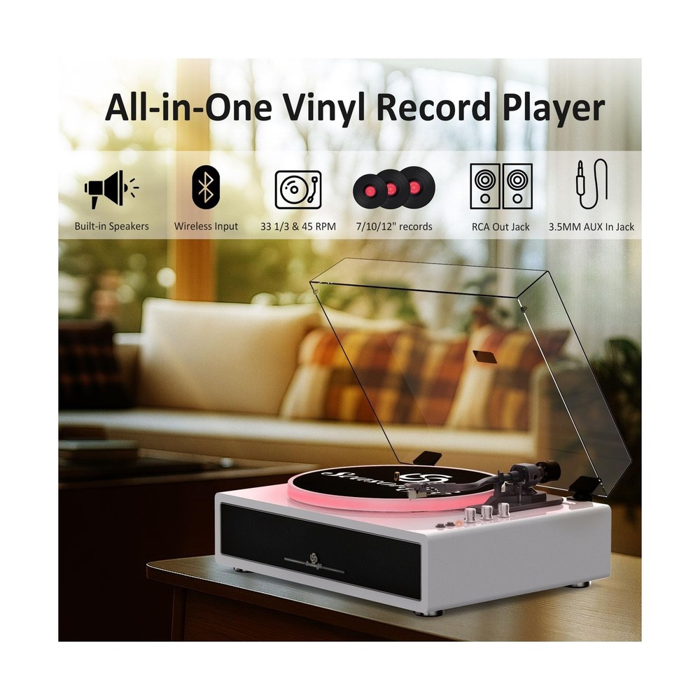 Record Player with Built-in Four Stereo Speakers, Three LED Lighting Modes, A...