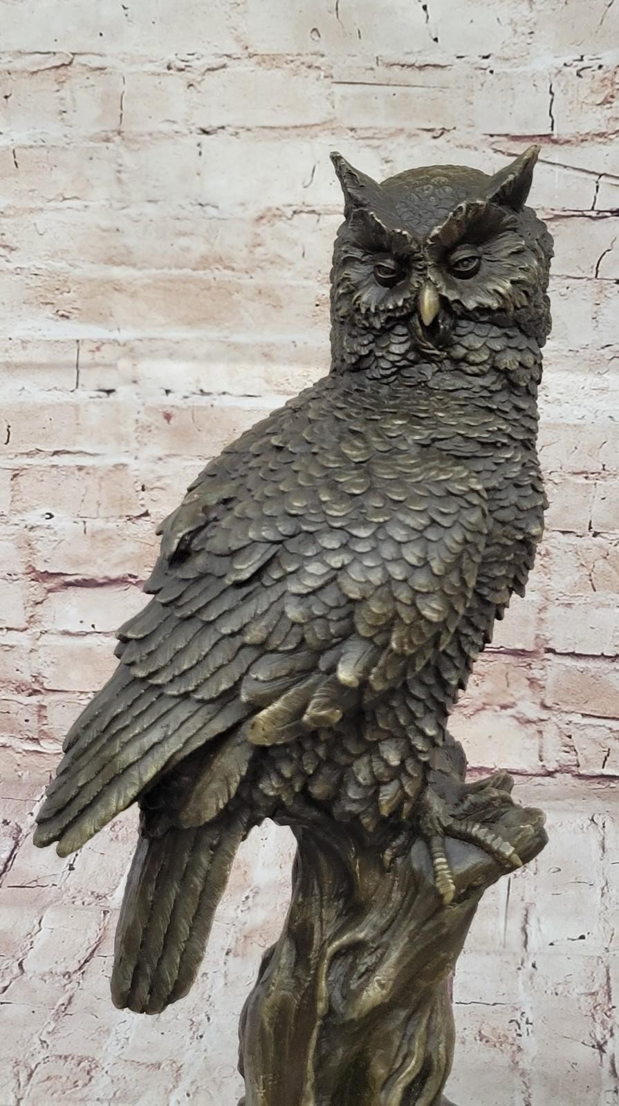 Bronze Statue Owl Marble Base Bird Sculpture Hot Cast Figurine Art Home Gift