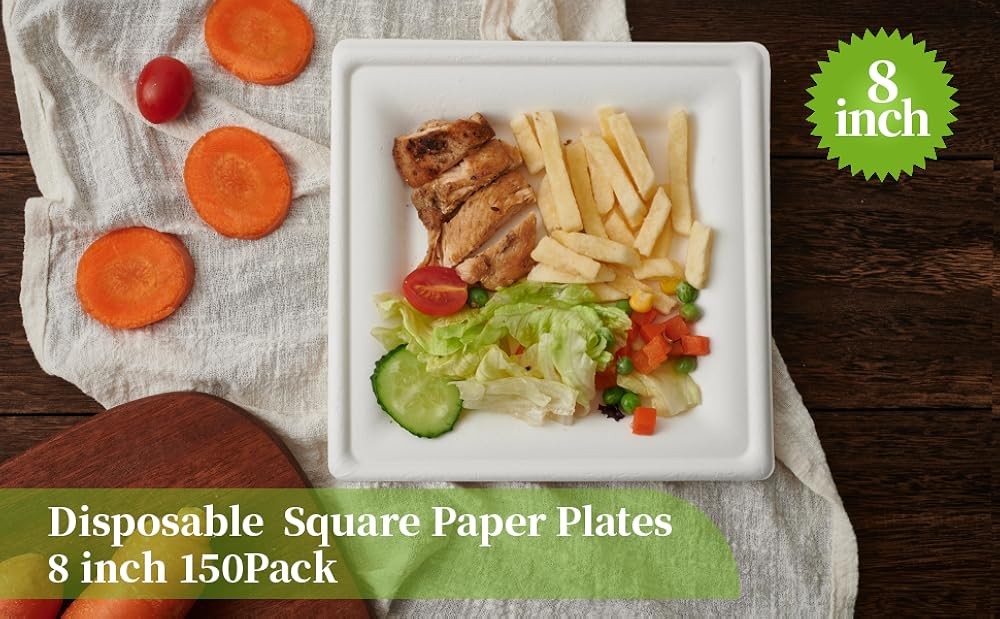 150 Piecs Square Paper Plates, 8-inch postable Disposable
