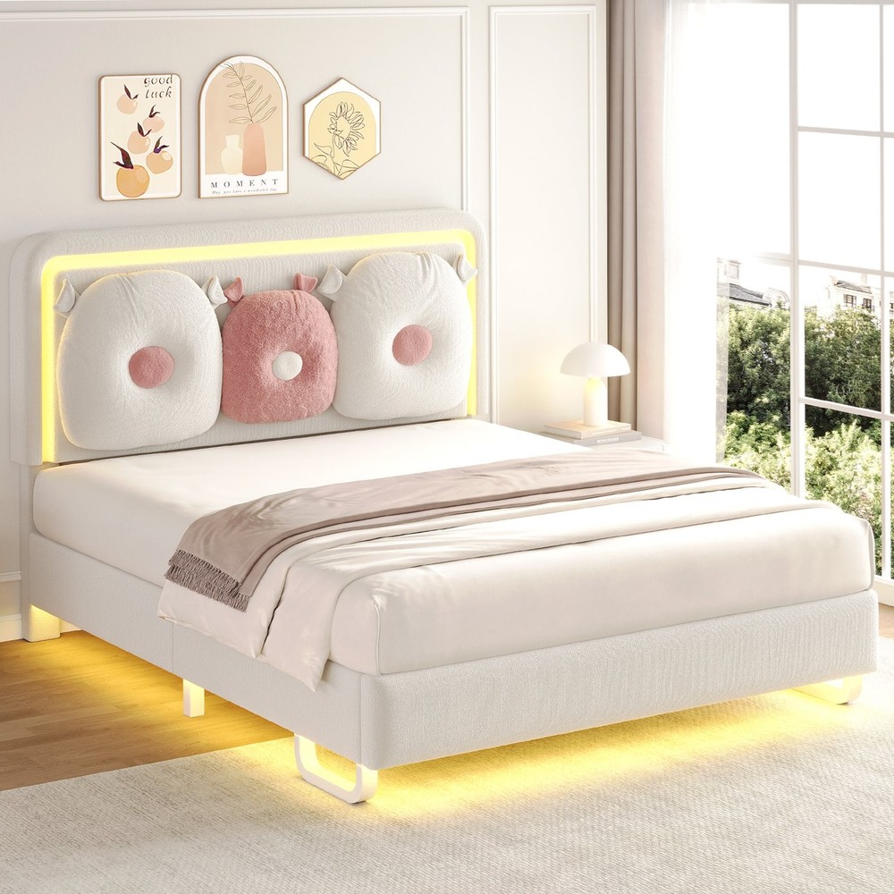 Easy Assembly Upholstered Beige Bed Adjustable Headboad With LED Light