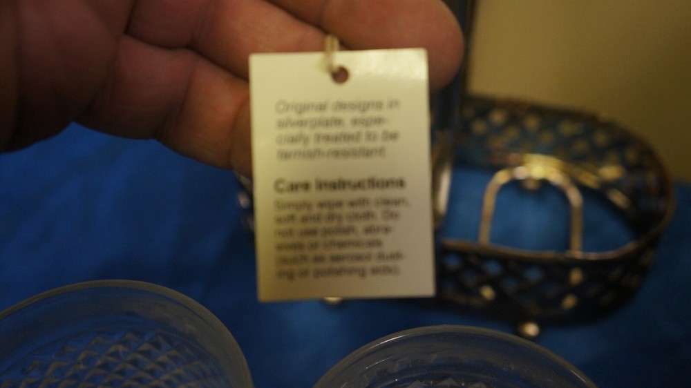 INTERNATIONAL SILVER GLASS POURER SET WITH COPPER LIDS SILVERPLATED CARRIER USED