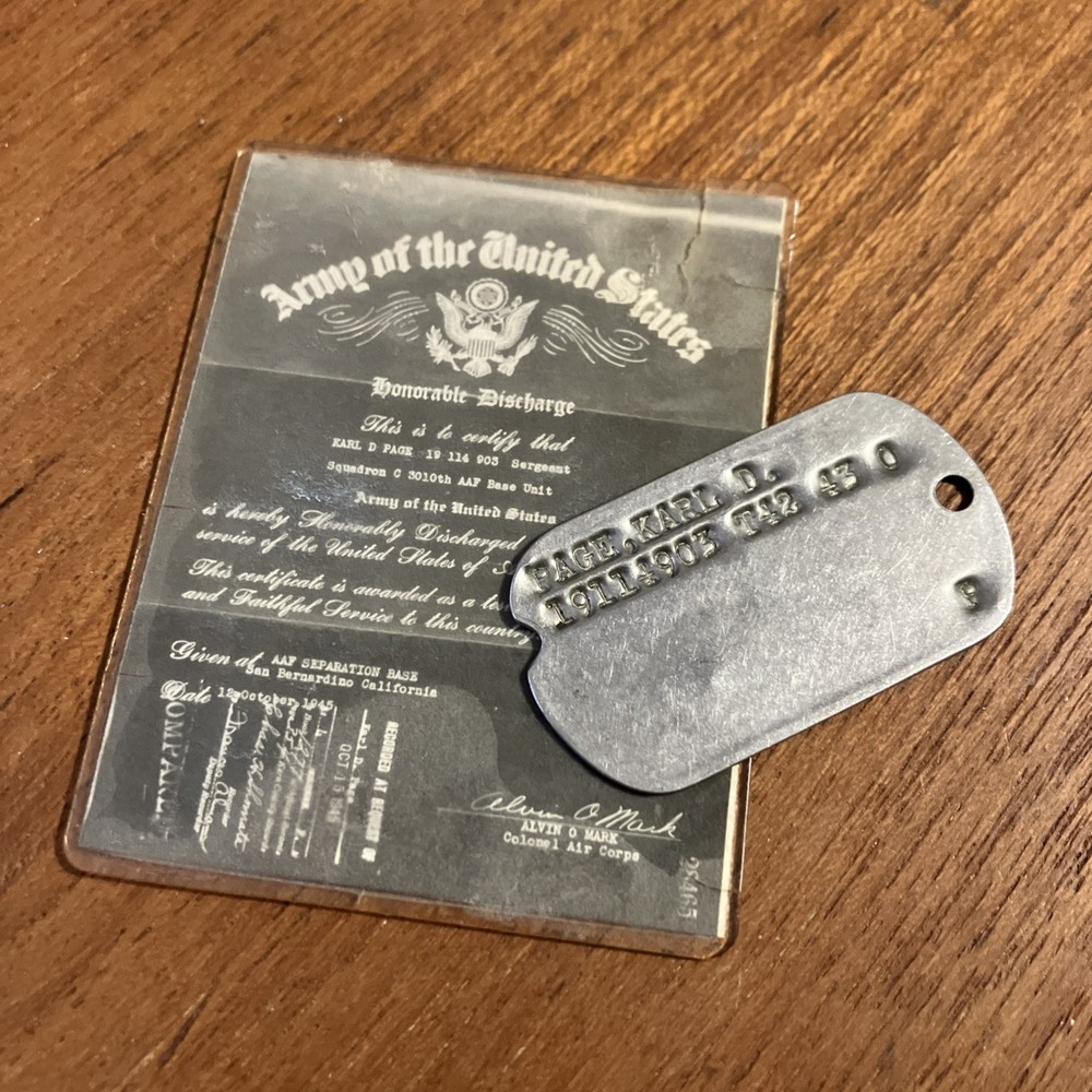 WWII 1942-1943 Military Dog Tag T42 43 O Karl D Page Air Force Corps USSAF