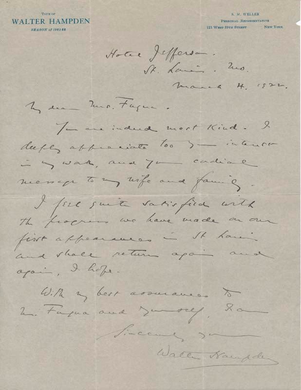 Walter HAMPDEN / Autograph Letter Signed