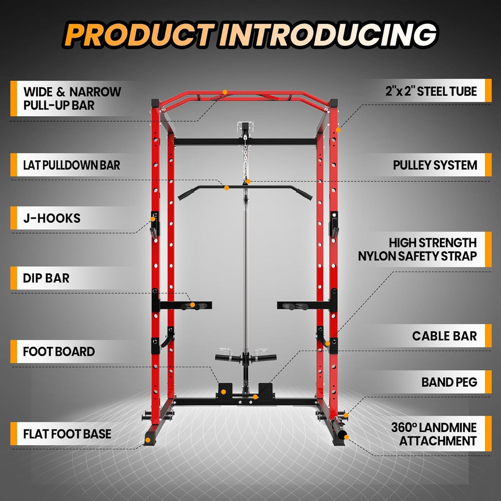 Power Cage, Multi-Function Squat Rack with LAT Pulldown, 1600 LBS Weight Capacit