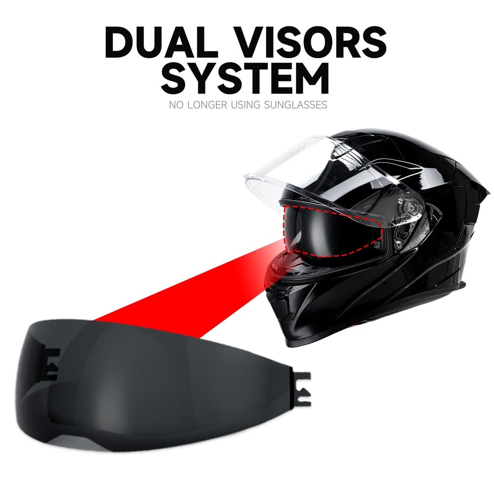Full Face Helmet Dual Visor Tinted Sunshield ECE DOT Approved Gloss Black Large