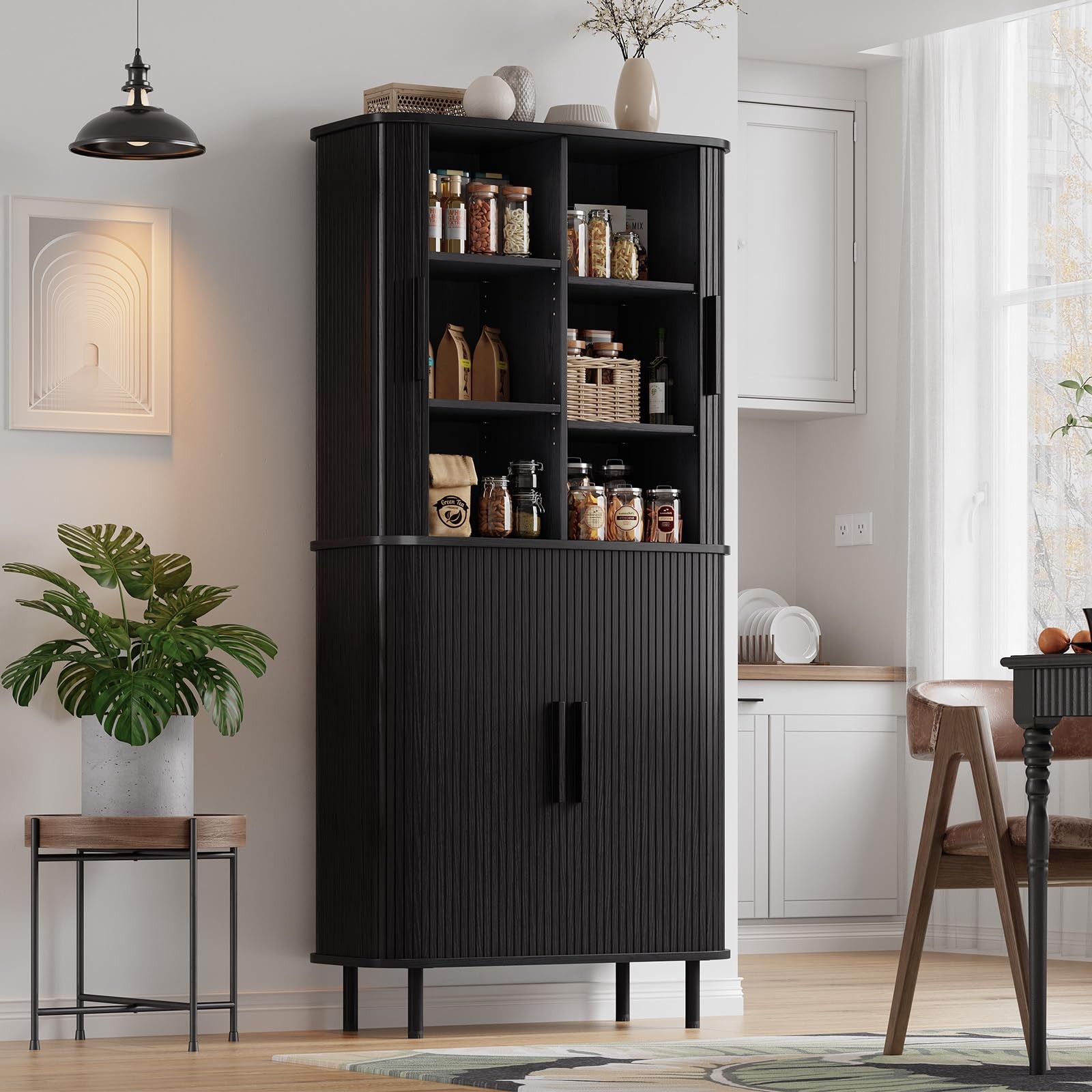 71" Fluted Kitchen Pantry Cabinet, Tall Storage Cabinet (Black)