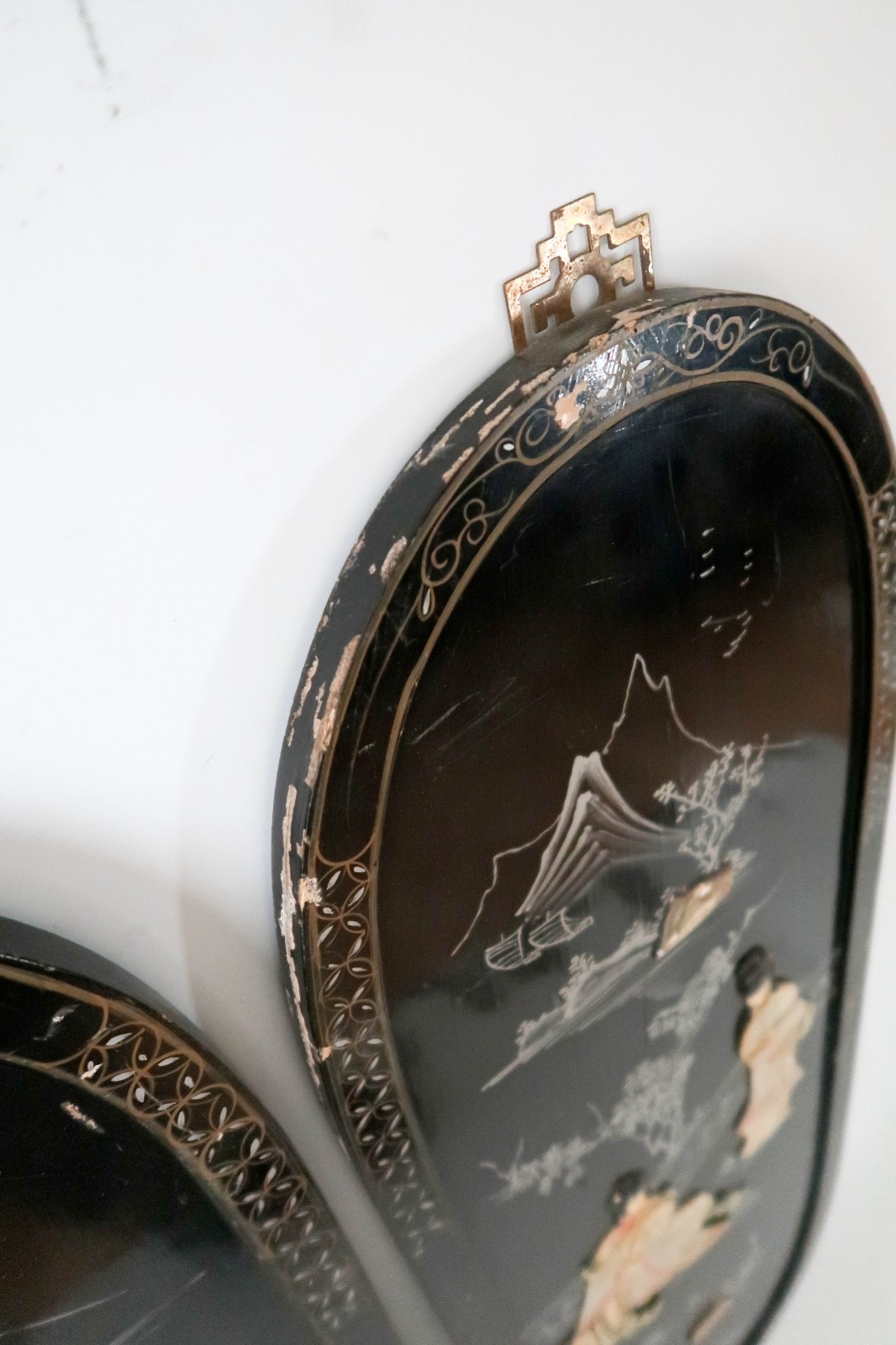 Set of 2 Asian Black Lacquer Mother of Pearl Wall Panels Art Geisha Women 36"