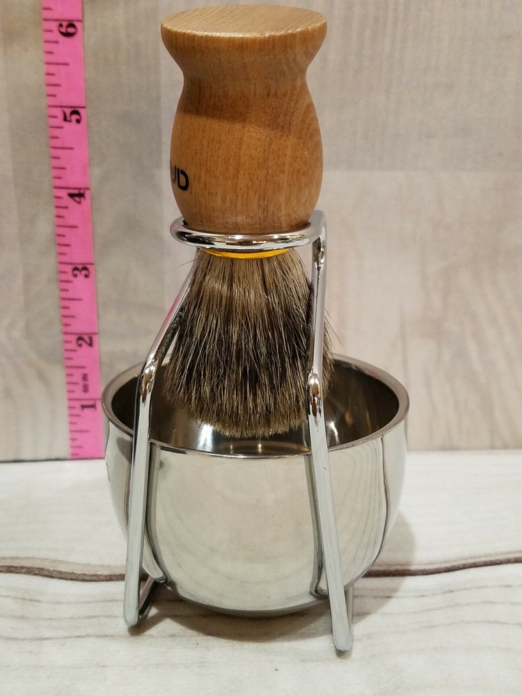 SHAVING GROOMING SET BRUSH CONTAINER & STAND CHROME ELEGANT BE MANLY READ