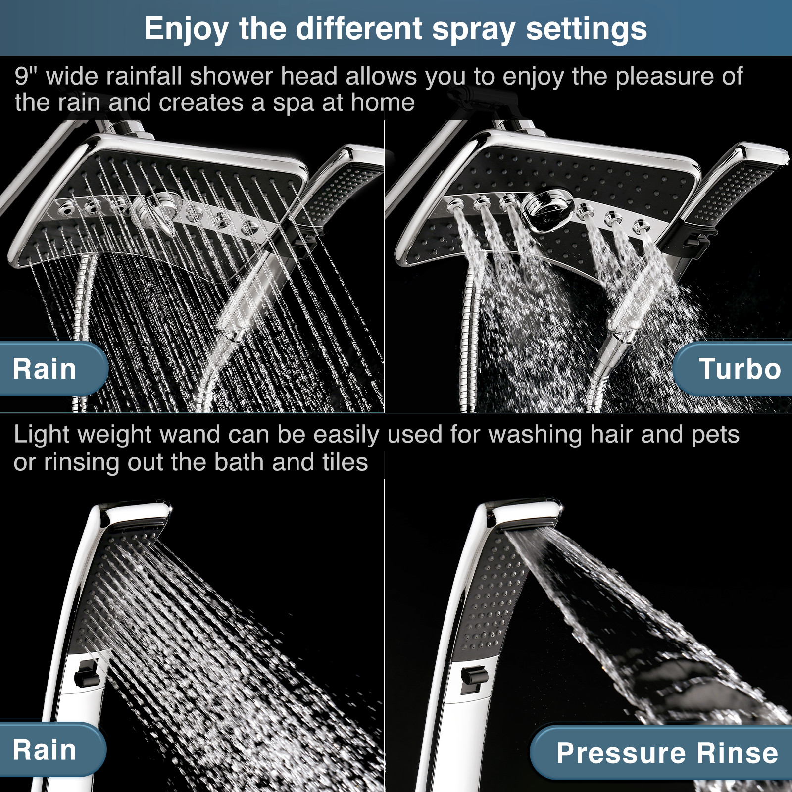 "Bright Showers" Multi Function Rain Chrome Shower Head PSS3919-01