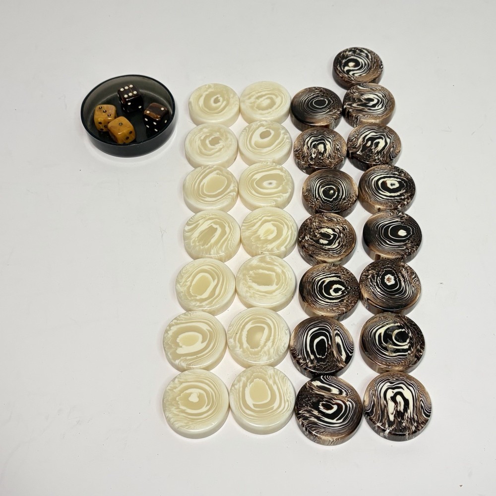 29 VINTAGE BAKELITE CHOCOLATE BROWN & White Translucent SWIRL BACKGAMMON CHIPS