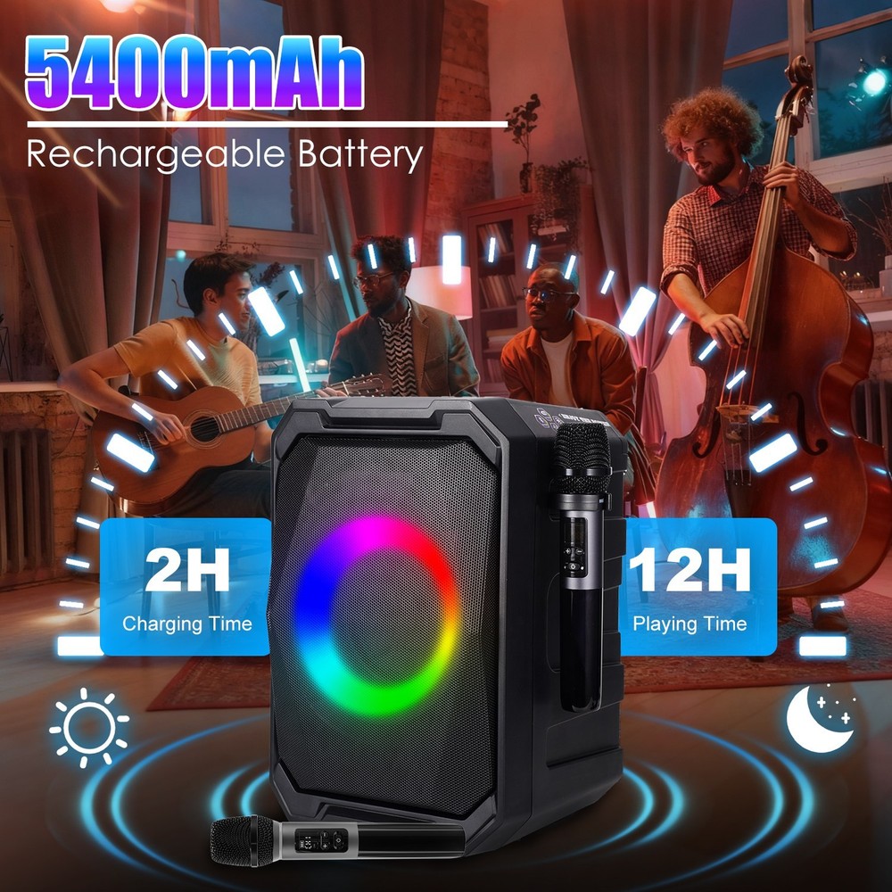 Portable Wireless Party Speaker W/ LED Light &2 Wireless Mics Remote Control