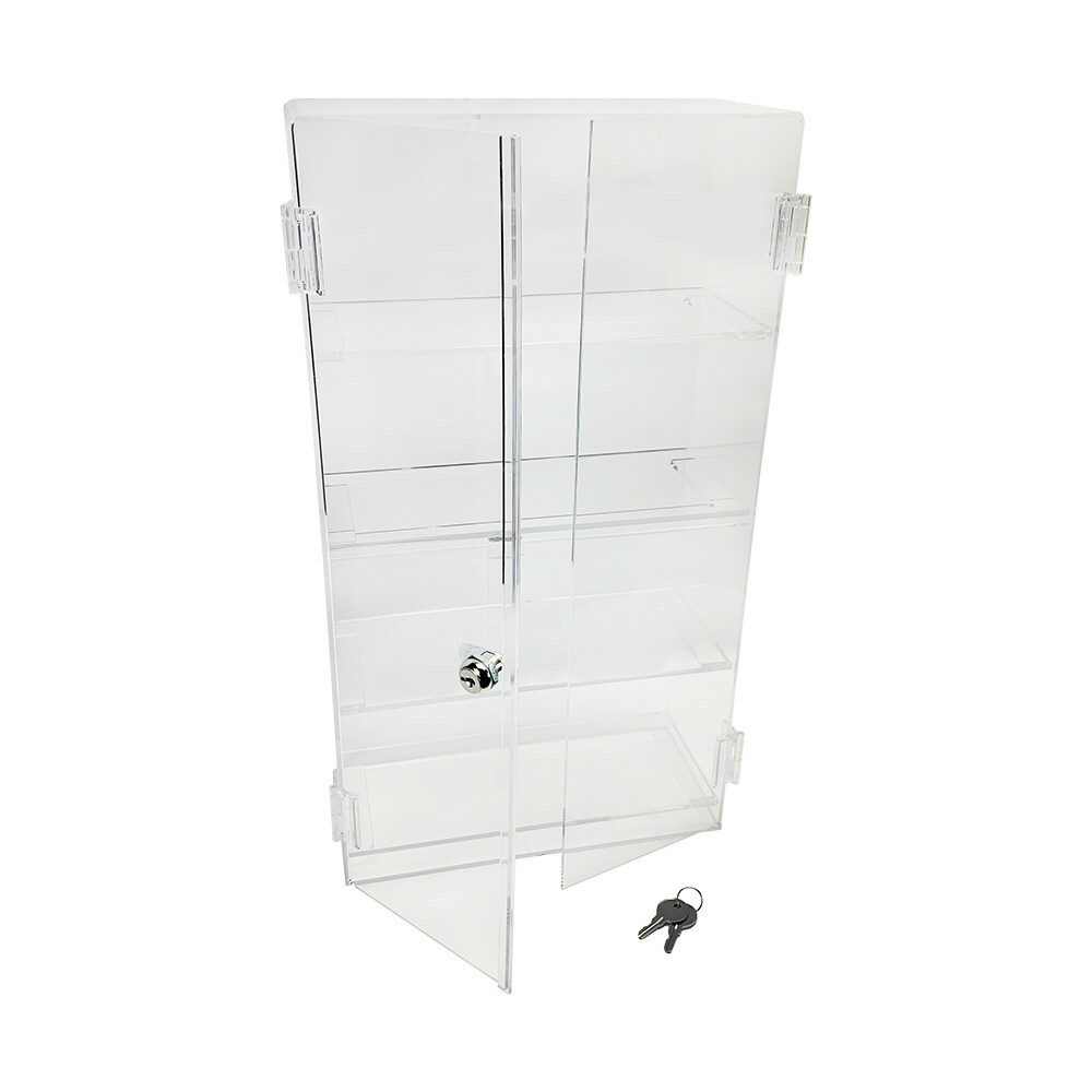 Vertical Clear Acrylic Counter Display Deep Locking Case Cabinet Fixed Shelving