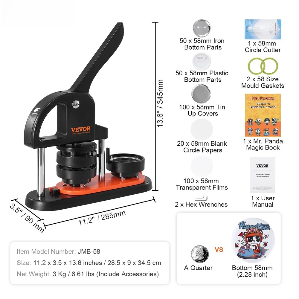 Button Maker 58 Pin Maker with Button Parts Ergonomic Arc Handle Punch Press Kit