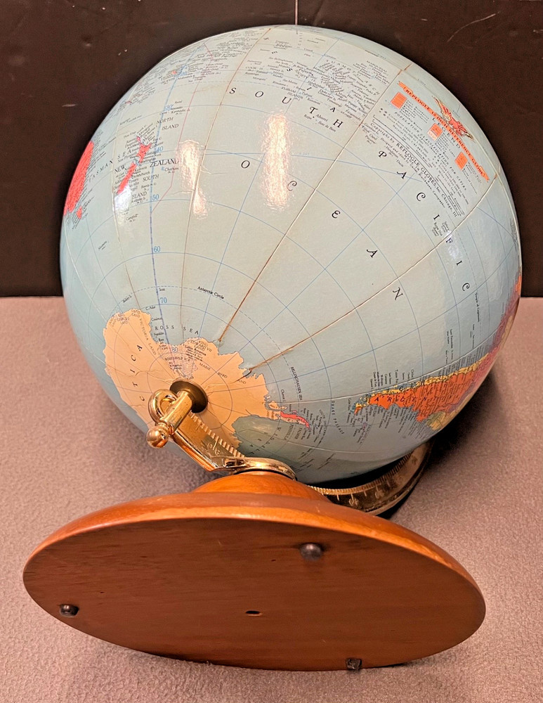 Vintage 1950s 12" REPLOGLE REFERENCE GLOBE, MCM Modern Wood Base, NICE