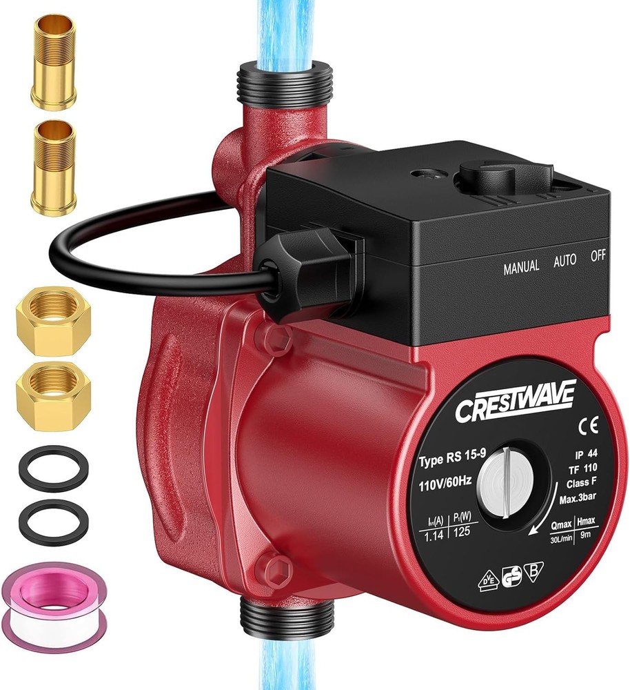 CrestWave Hot Water Recirculating Pump, 125W 115V Automatic Circulation Pump for