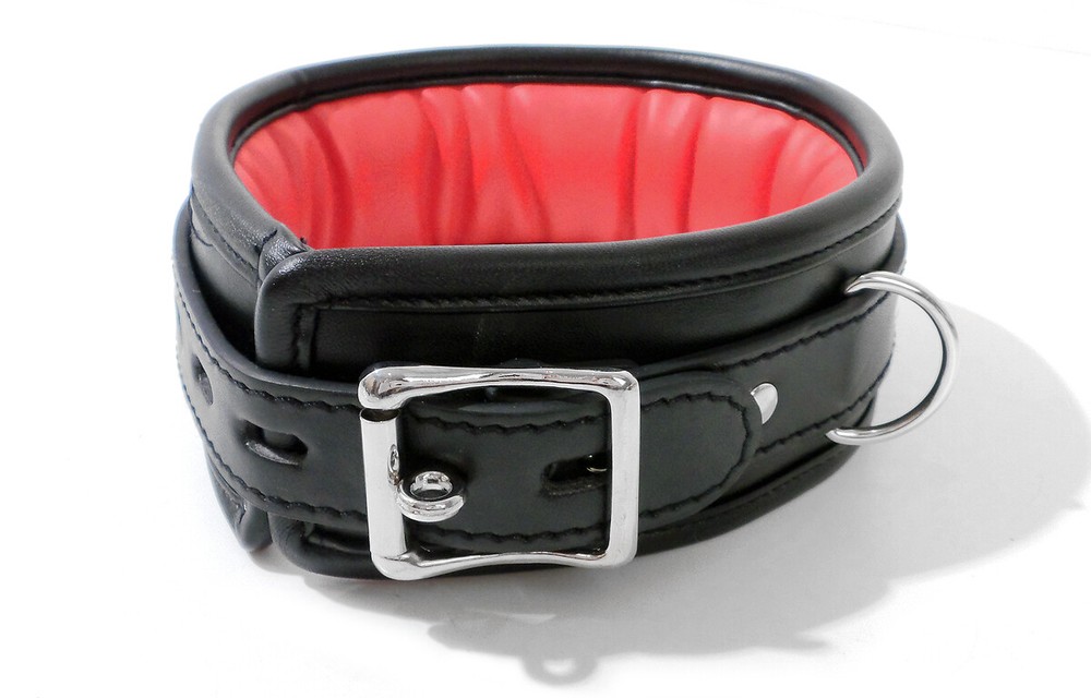 Black Leather Lockable Bondage Collar Neck Restraint with Chain Leash
