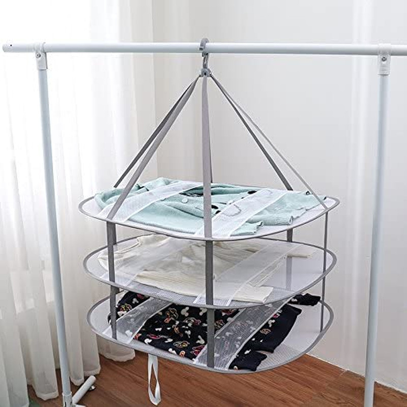 3-Tier Folded Mesh Clothes Hanging Dryer Sweater Drying Rack L Size 30 in