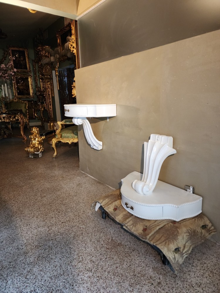 PAIR MID CENTURY MODERN Side Table or Consoles, Violin Scrolls Gloss White.