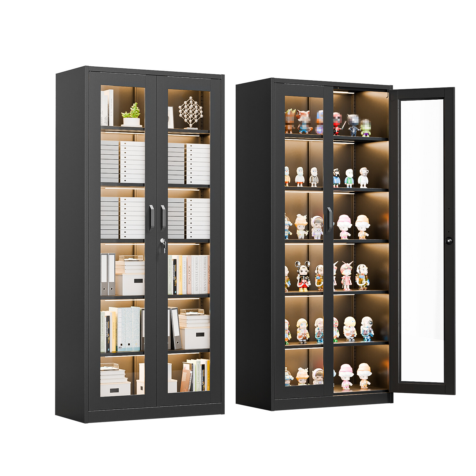 71" Tall Lockable Display Cabinet with Glass Doors & 5 Adjustable Shelves Black