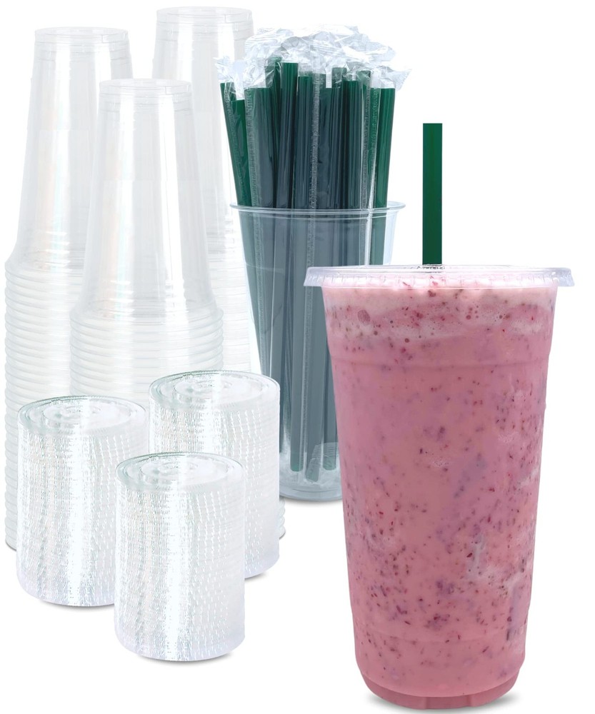 [100 SETS] 32 oz Clear Plastic Cups with Lids and STRAWS, Disposable Drinking...