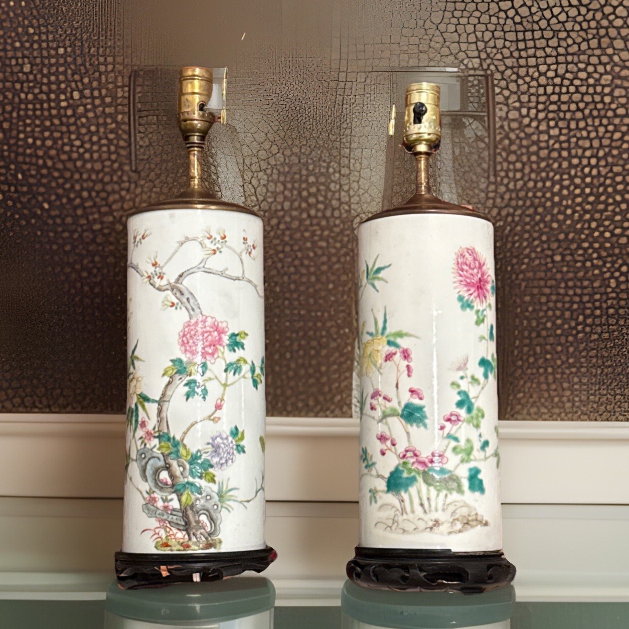 PAIR OF VINTAGE CHINESE HAT STAND LAMPS 17” (to top of socket)