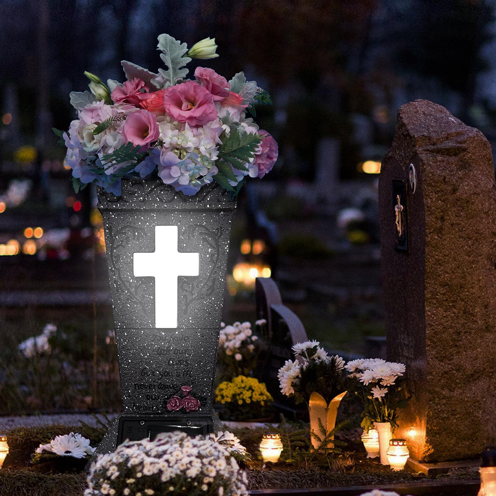 Solar Cemetery Vase with LED Cross Lamp Memorial Flower Holder with Spike Hea...