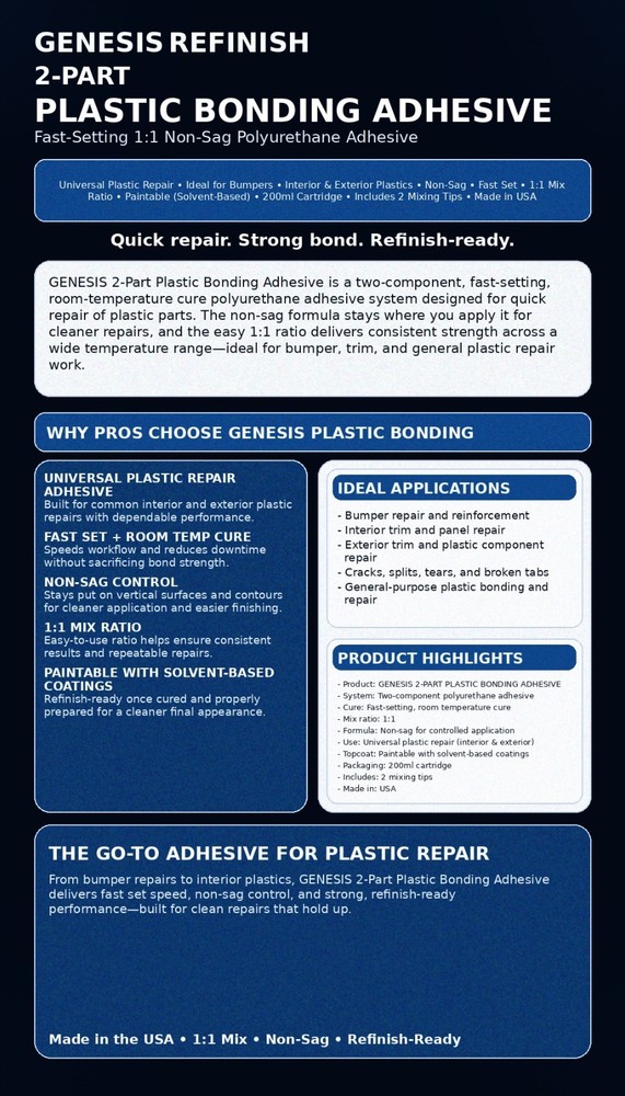 GENESIS REFINISH MULTI-PURPOSE 2-PART PANEL ADHESIVE 200ML CARTRIDGE