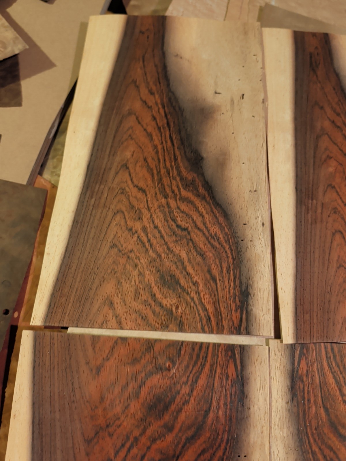 4 pieces of rosewood wood veneer 7" x 12 1/2" each raw 1/42" holes old