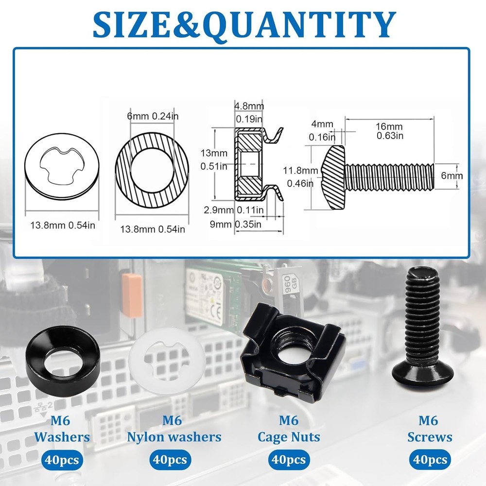 Rack Mount Screws M6x16mm Cage Nuts Washers 40 Sets