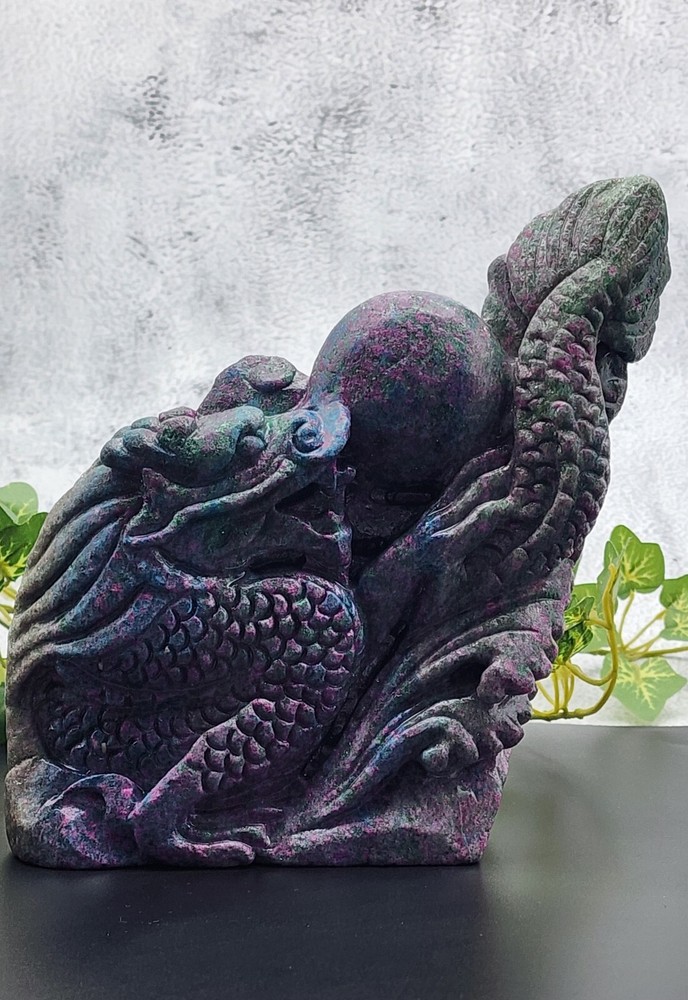 UV Reactive Ruby Kyanite Dragon, Statement Piece Ruby In Kyanite Hand-Carved