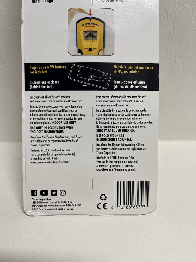 Zircon StudSensor L50 Edge Finding Electronic Stud Finder Sensor w/Deep Scan New