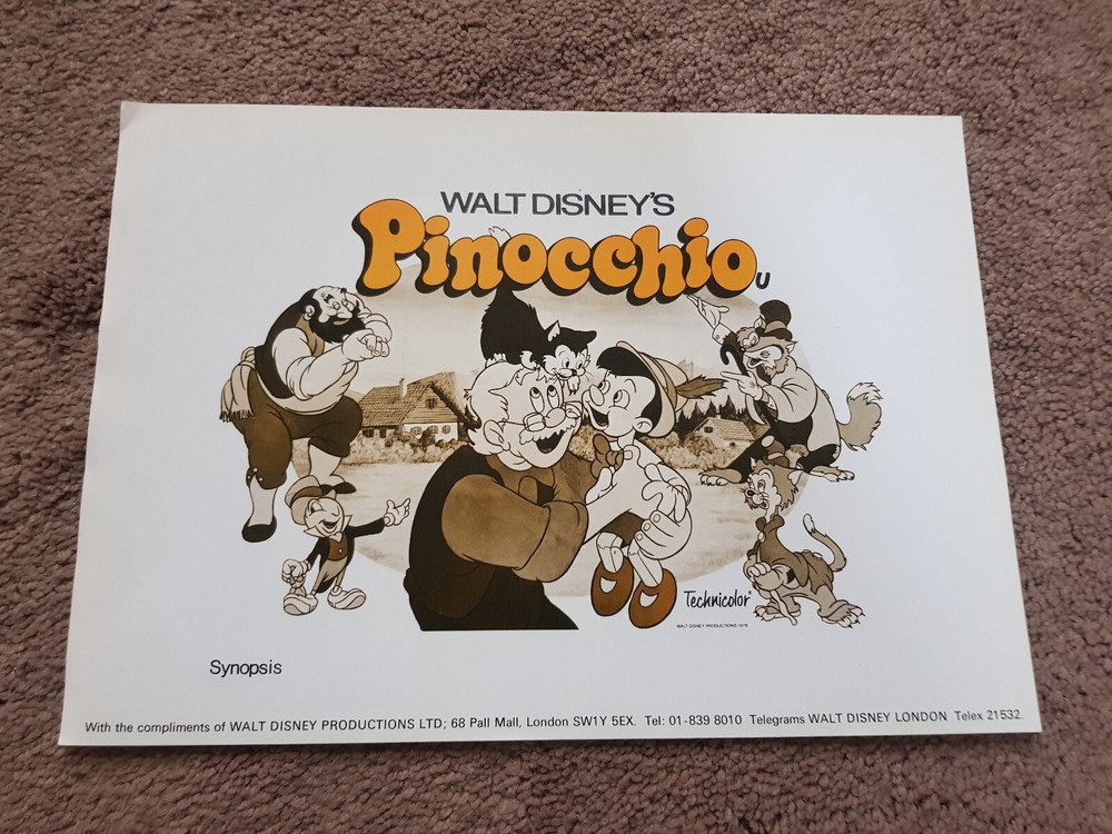 Pinocchio  - Synopsis Sheet  from 1978   Walt Disney