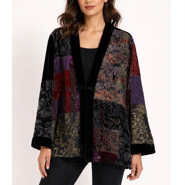 Chicos Patchwork Velvet Burnout Kimono Yukata Jacket Black Floral Womens 3 XL 16