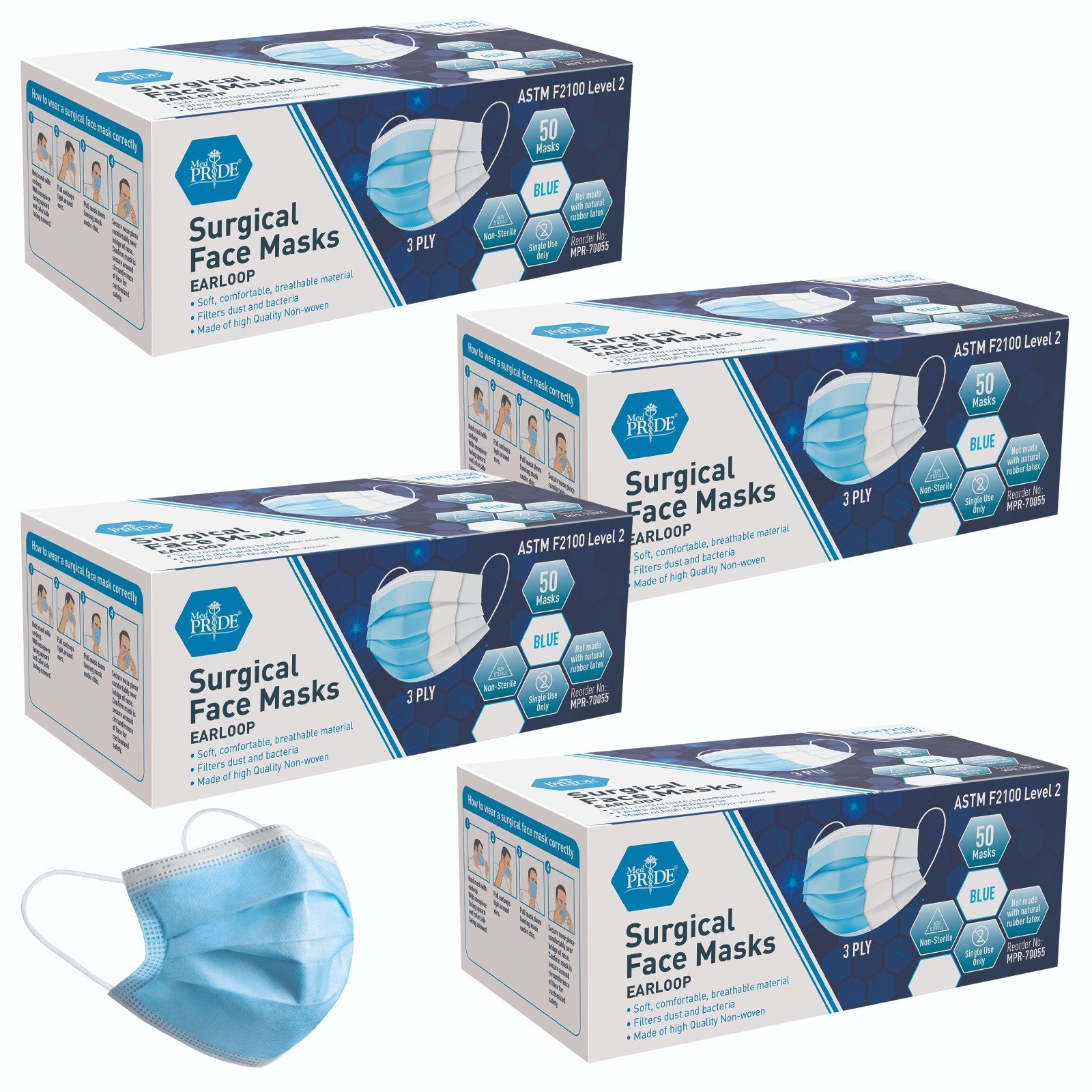 MED PRIDE Medical Disposable 3-Ply Face Masks | Breathable Earloop | 100–200 Ct