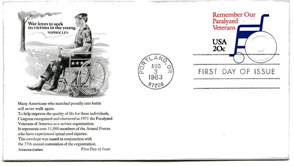 U605 20c Paralyzed Veterans embossed envelope,  Aristocrat Cachets, FDC