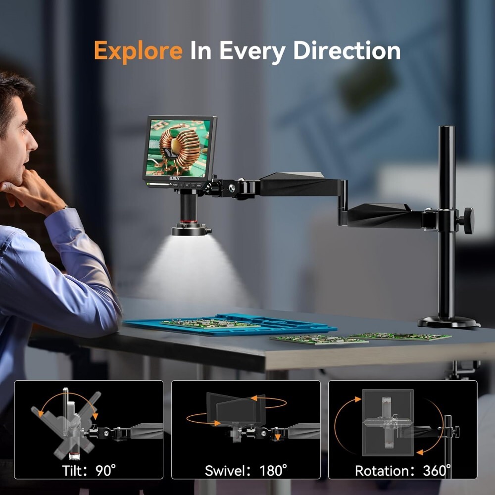 Elikliv 4K Soldering Digital Microscope 52MP 10.1" HDMI with 360° Flex Arm Stand