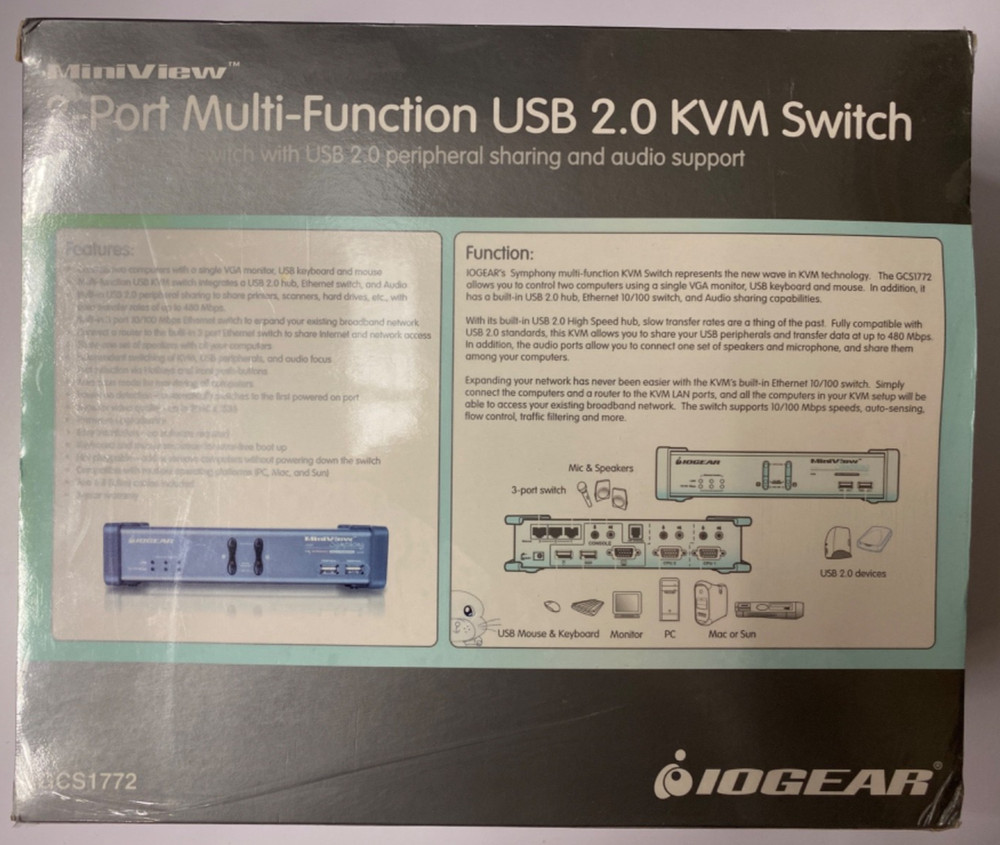 IOGEAR 2-Port Multi-Function USB 2.0 KVM Switch MiniView GCS1772 *NEW SEALED