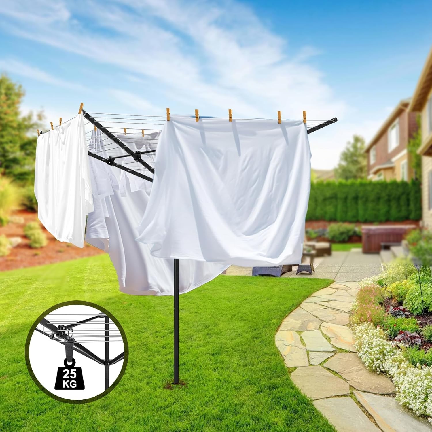 Umbrella Clothesline Outdoor Adjustable Height Drying Rack 4 Arms 12 Lines 165FT