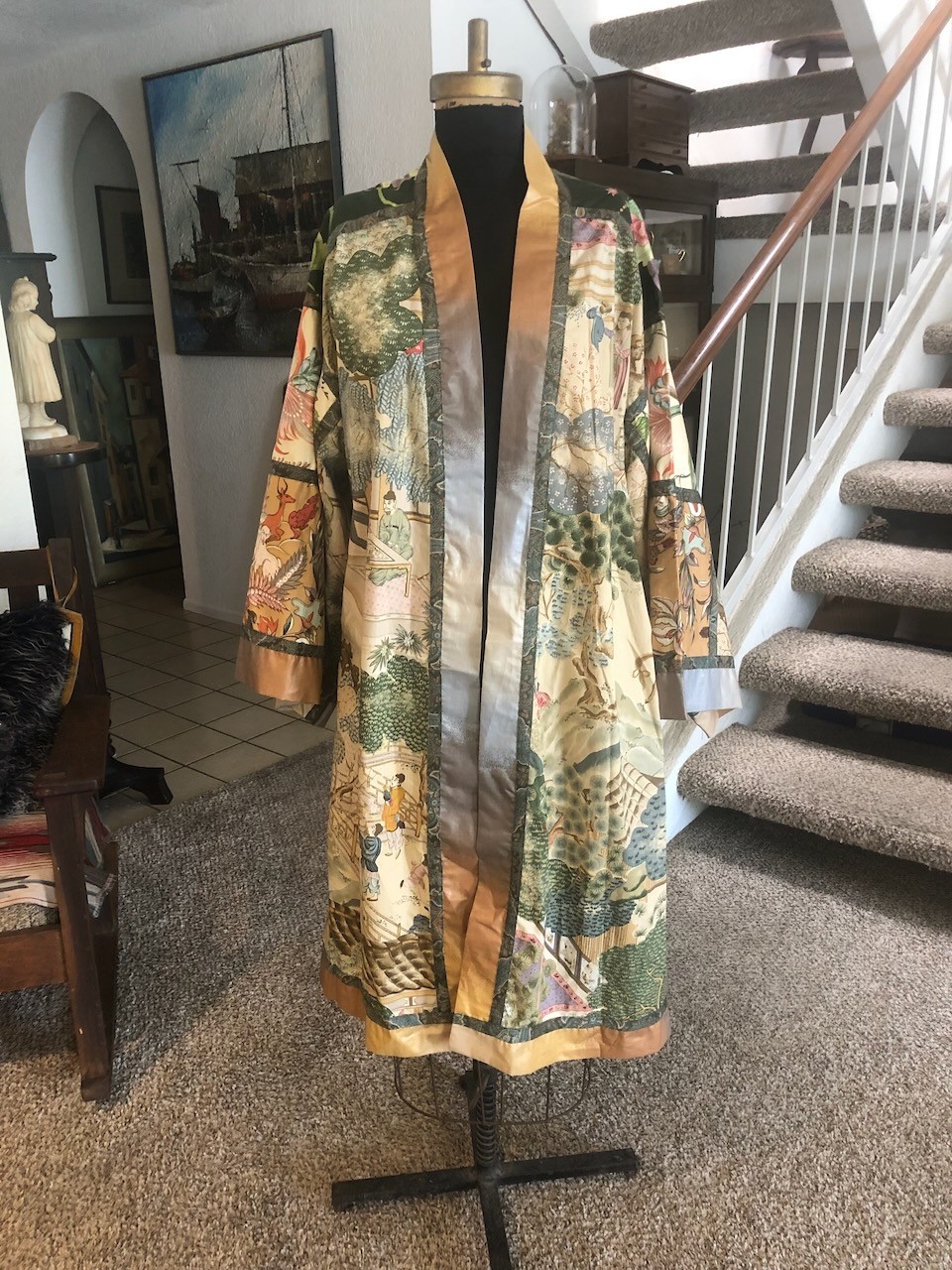 Handmade Cotton Kimono Robe with Obi Sash, Chinoiserie Print S