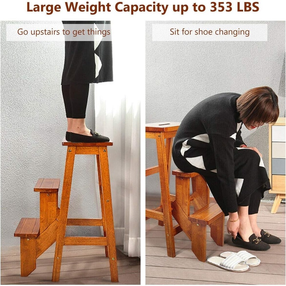 New Three Step Folding Stool Wooden Step Ladder Multifunctional Storage Shelf